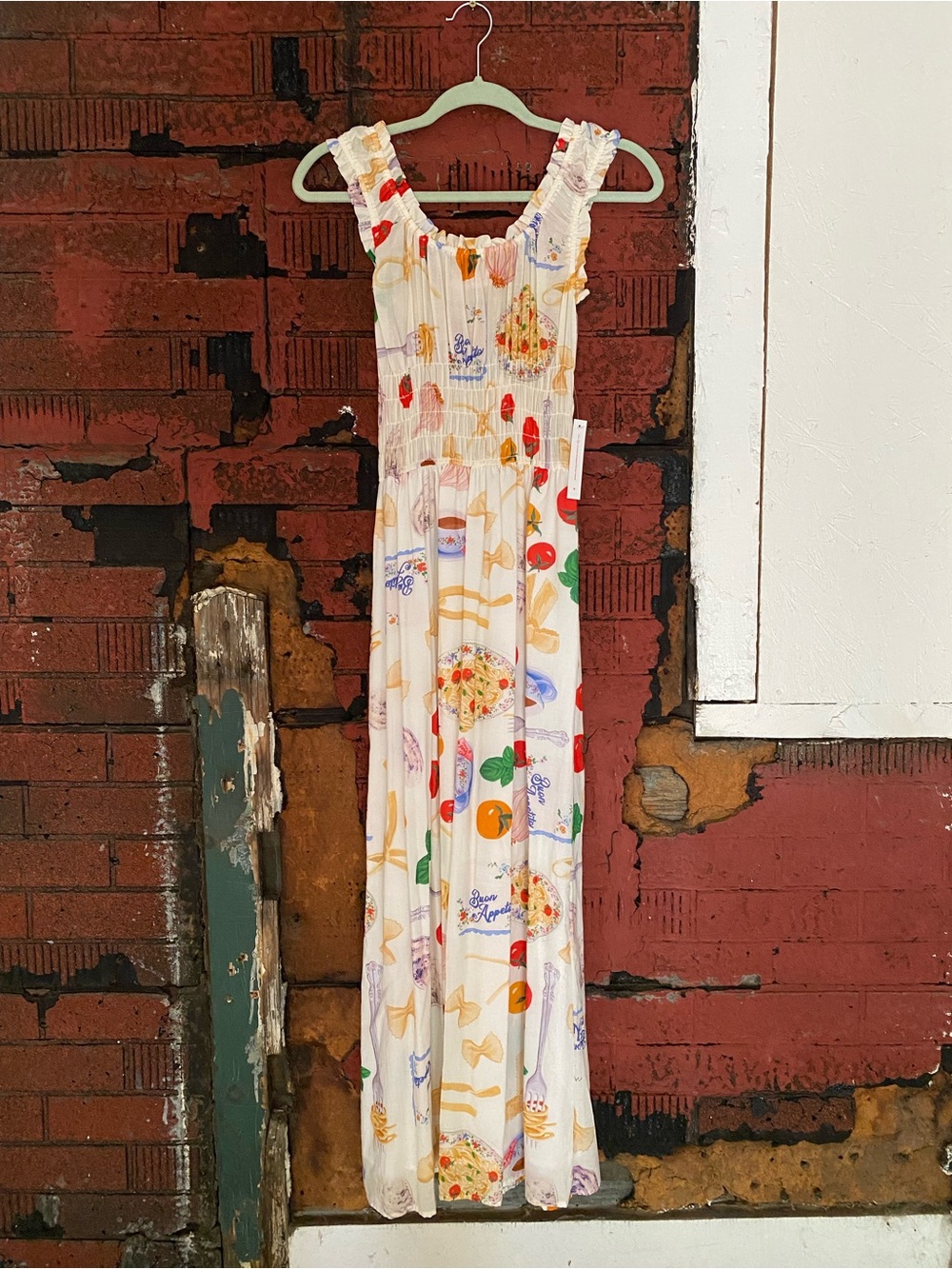Lisa Says Gah Ivory Maxi Annie Dress, Colorful Buon Appetito Print, NWT Small - Picture 7 of 12